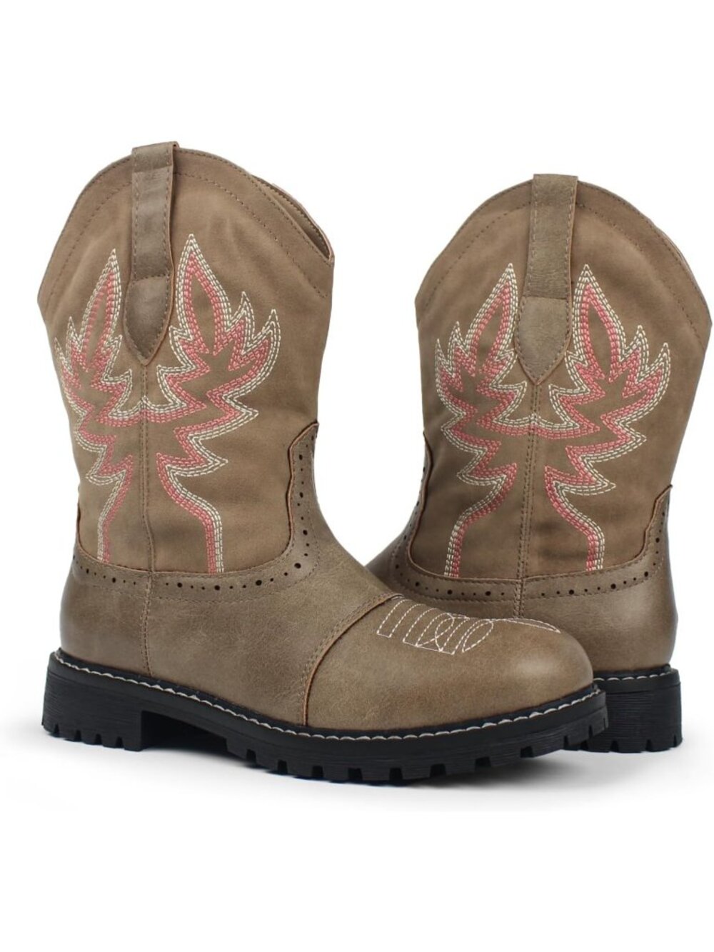Women's Khaki Mid Calf Western Cowboy Cowgirl Boot Round Toe Embroidered Boots